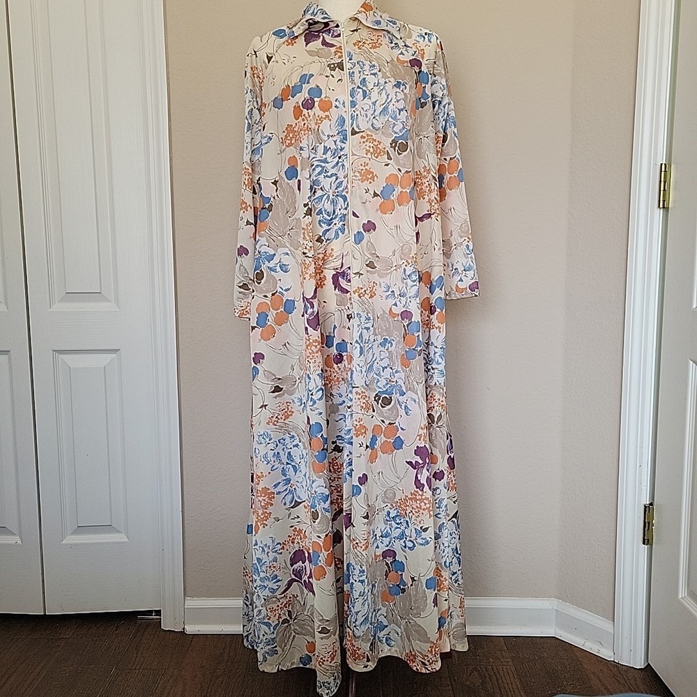 Vtg Elaine Sklar Lingerie Co Dressing Gown L Kaftan Housecoat Floral Hippie 70s